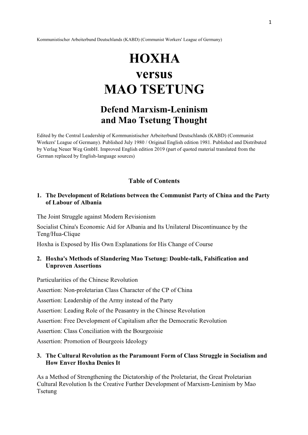 HOXHA Versus MAO TSETUNG Defend Marxism-Leninism and Mao Tsetung Thought