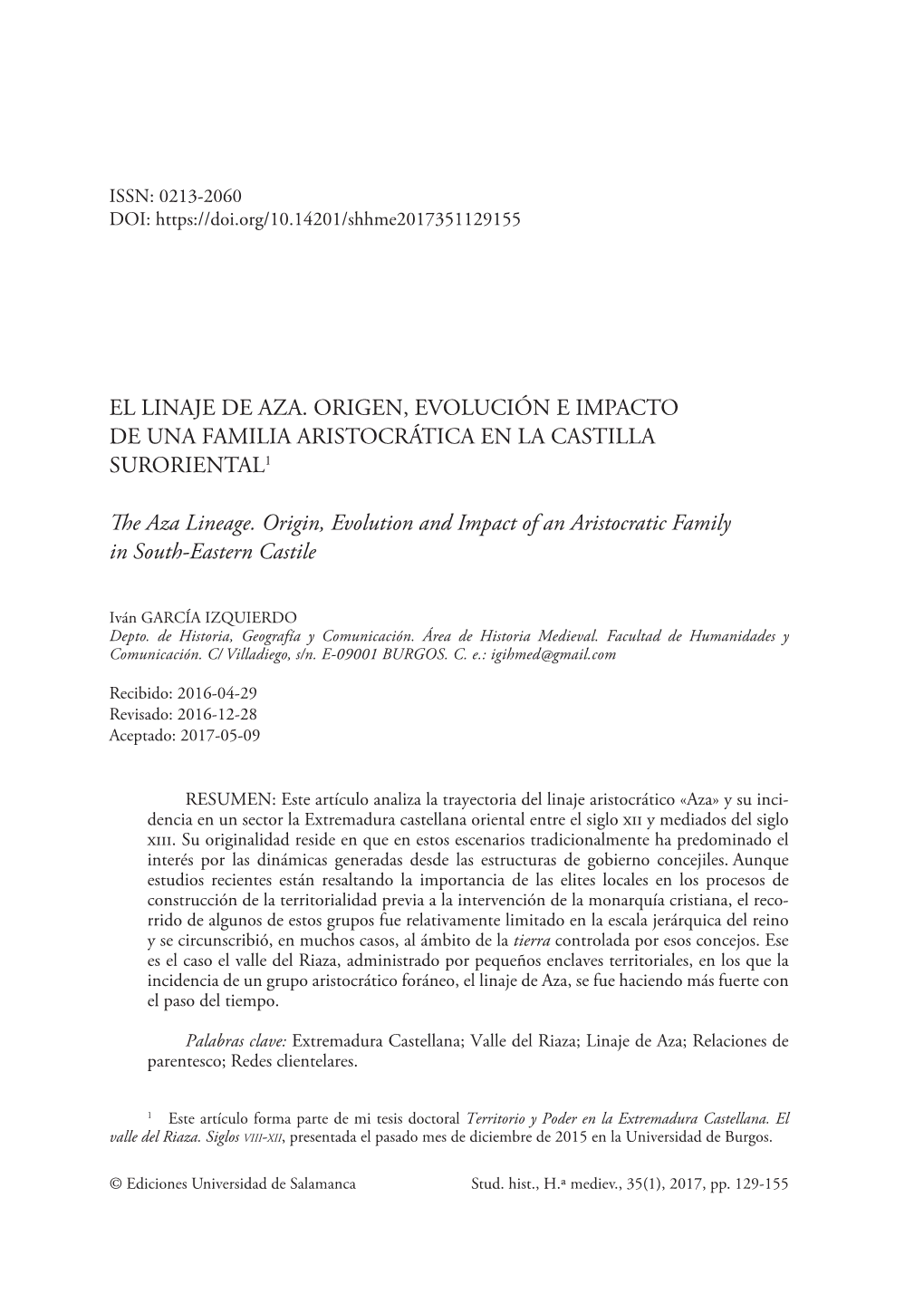 El Linaje De Aza. Origen, Evolución E Impacto De Una Familia Aristocrática En La Castilla Suroriental1