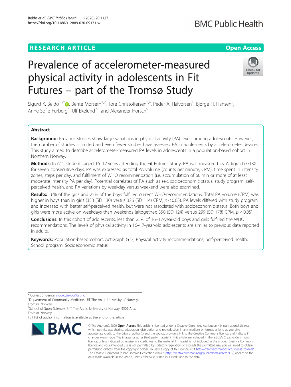 Prevalence of Accelerometer-Measured Physical Activity in Adolescents in Fit Futures – Part of the Tromsø Study Sigurd K