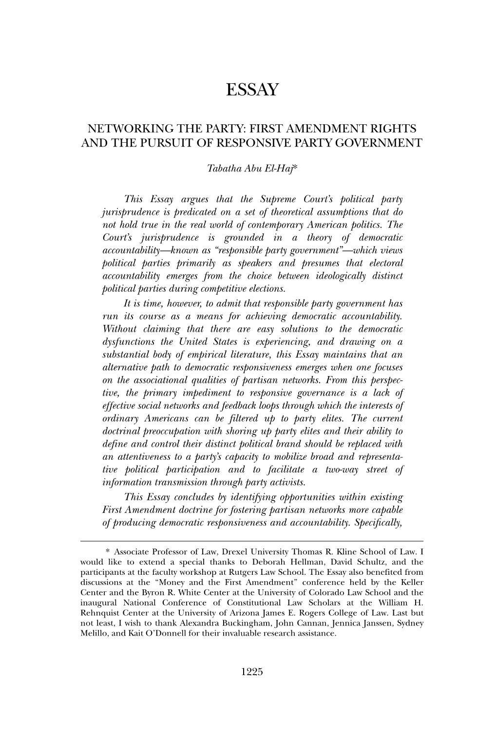 Networking the Party: First Amendment Rights and the Pursuit of Responsive Party Government