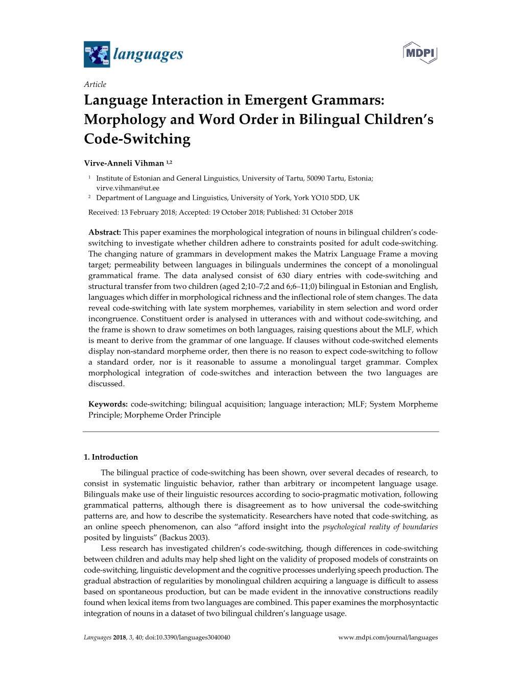 Morphology and Word Order in Bilingual Children's Code-Switching