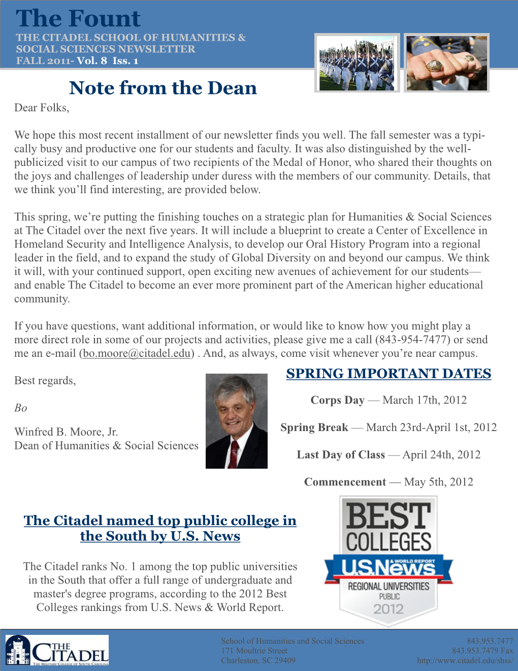 The Fount the CITADEL SCHOOL of HUMANITIES & SOCIAL SCIENCES NEWSLETTER FALL 2011- Vol