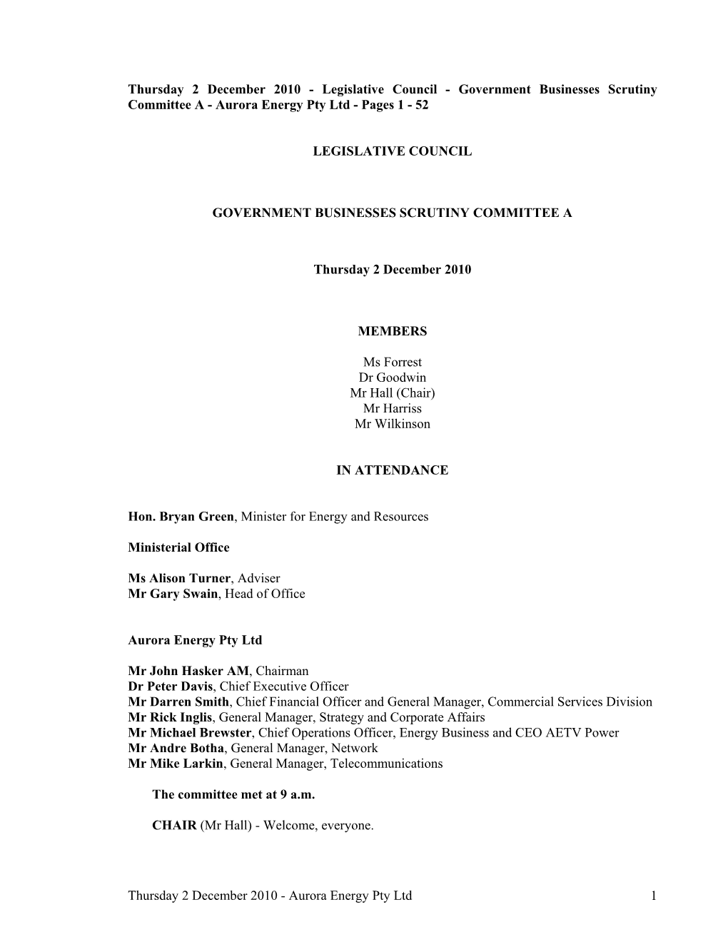 Aurora Energy Pty Ltd 1 Thursday 2 December 2010