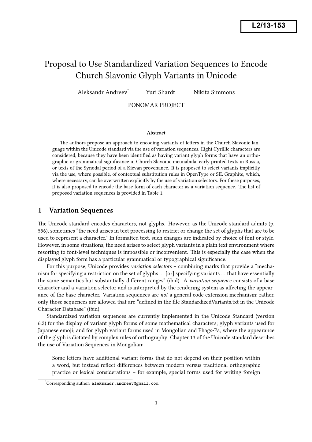 Proposal to Use Standardized Variation Sequences to Encode Church Slavonic Glyph Variants in Unicode