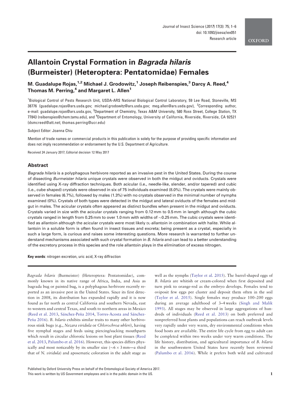 Allantoin Crystal Formation in Bagrada Hilaris (Burmeister) (Heteroptera: Pentatomidae) Females