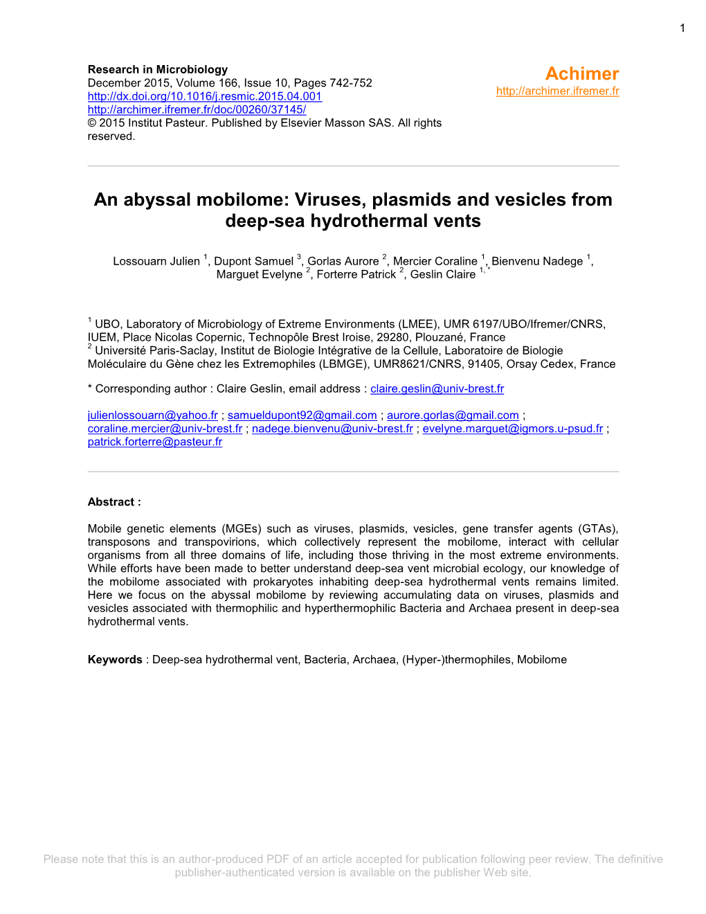 Virus, Plasmids and Vesicles from Deep Sea Hydrothermal