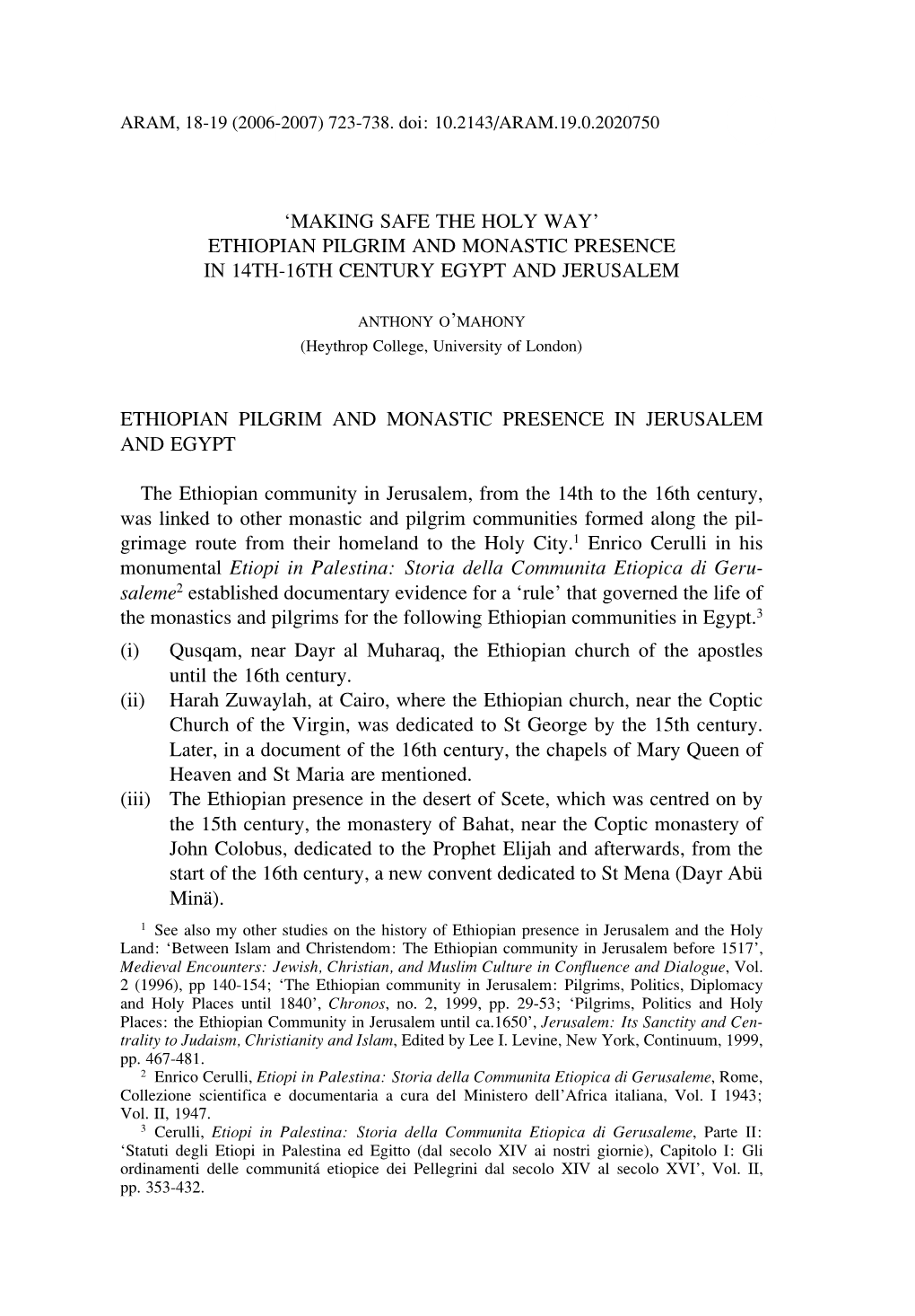 Ethiopian Pilgrim and Monastic Presence in 14Th-16Th Century Egypt and Jerusalem