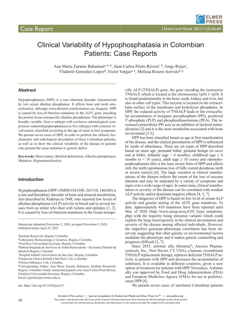 Clinical Variability of Hypophosphatasia in Colombian Patients: Case Reports