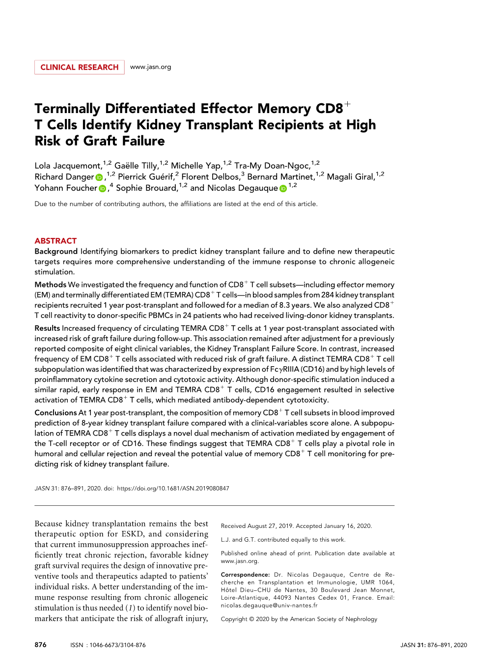 Terminally Differentiated Effector Memory CD8 T Cells Identify Kidney Transplant Recipients at High Risk of Graft Failure