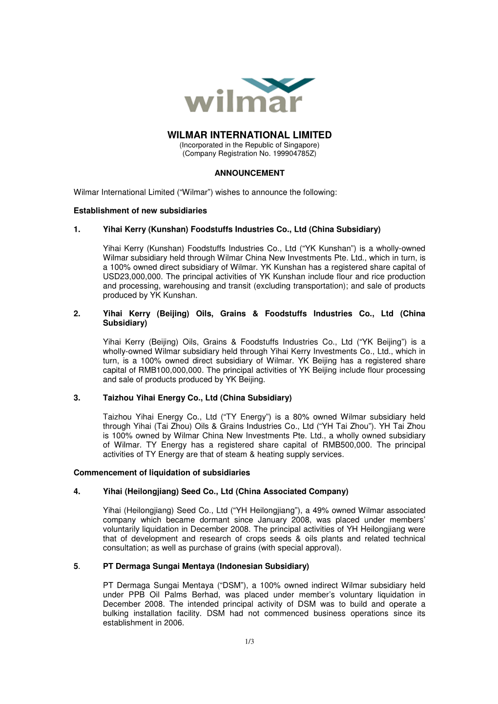 WILMAR INTERNATIONAL LIMITED (Incorporated in the Republic of Singapore) (Company Registration No