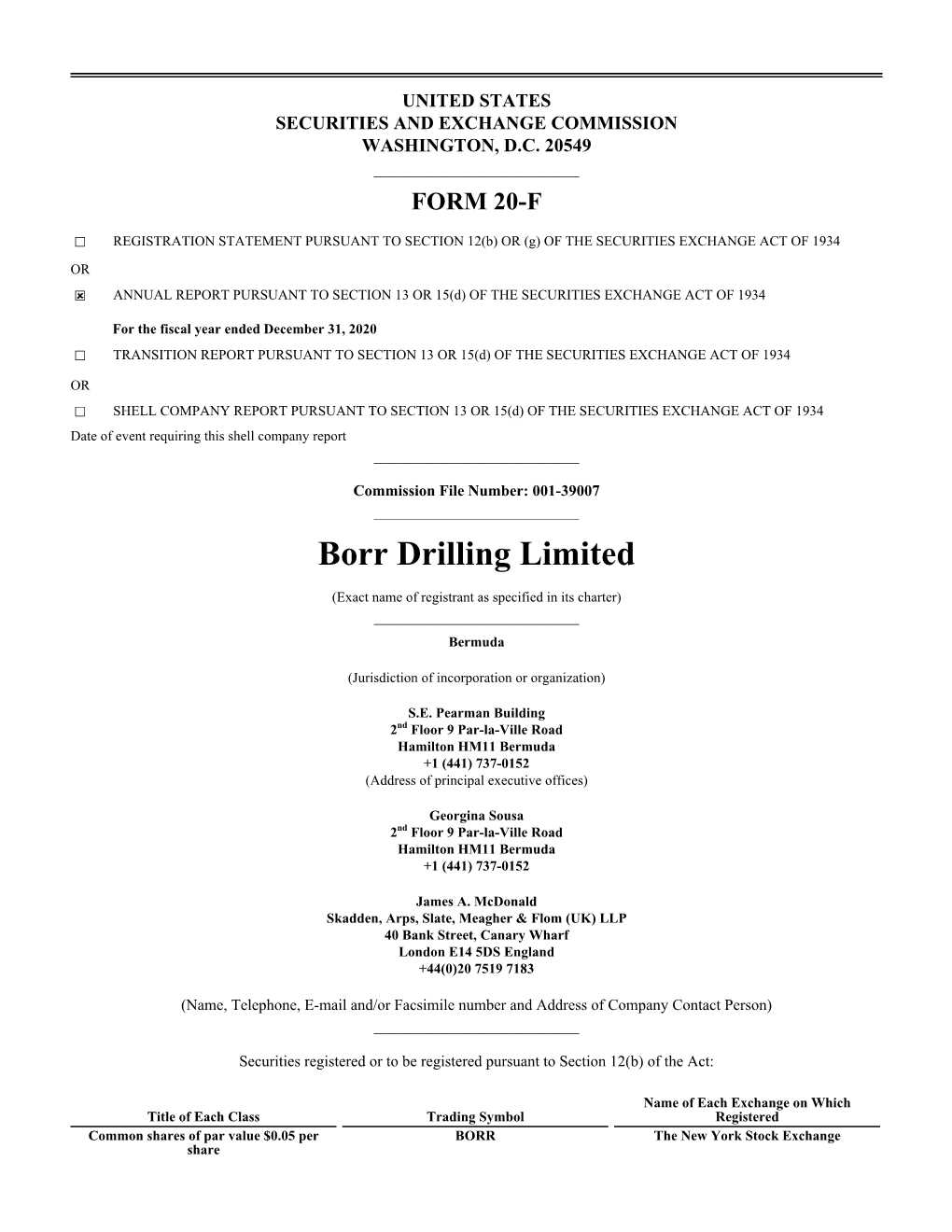 Borr Drilling Limited Files Its 2020 Annual Report on Form 20-F And