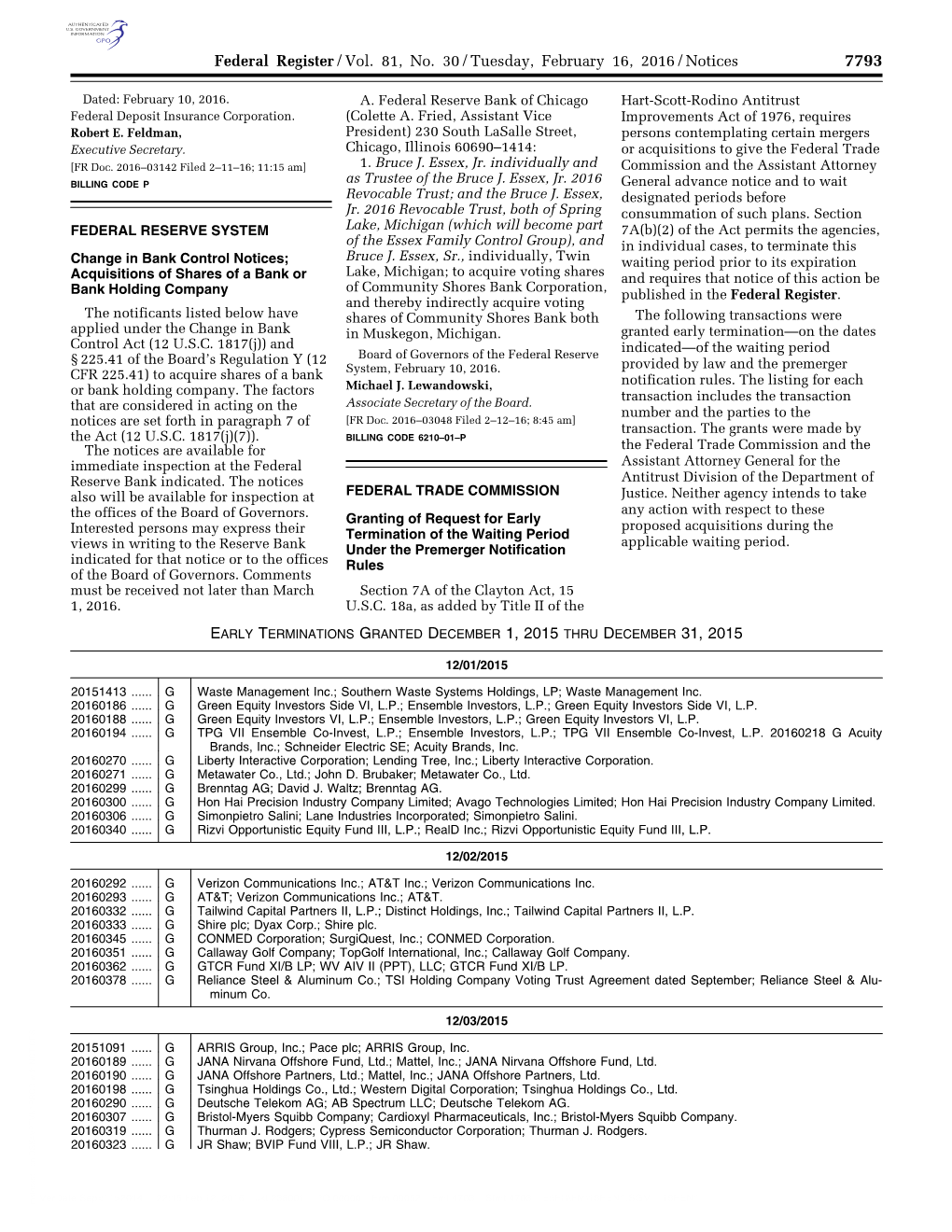 Federal Register/Vol. 81, No. 30/Tuesday, February 16, 2016