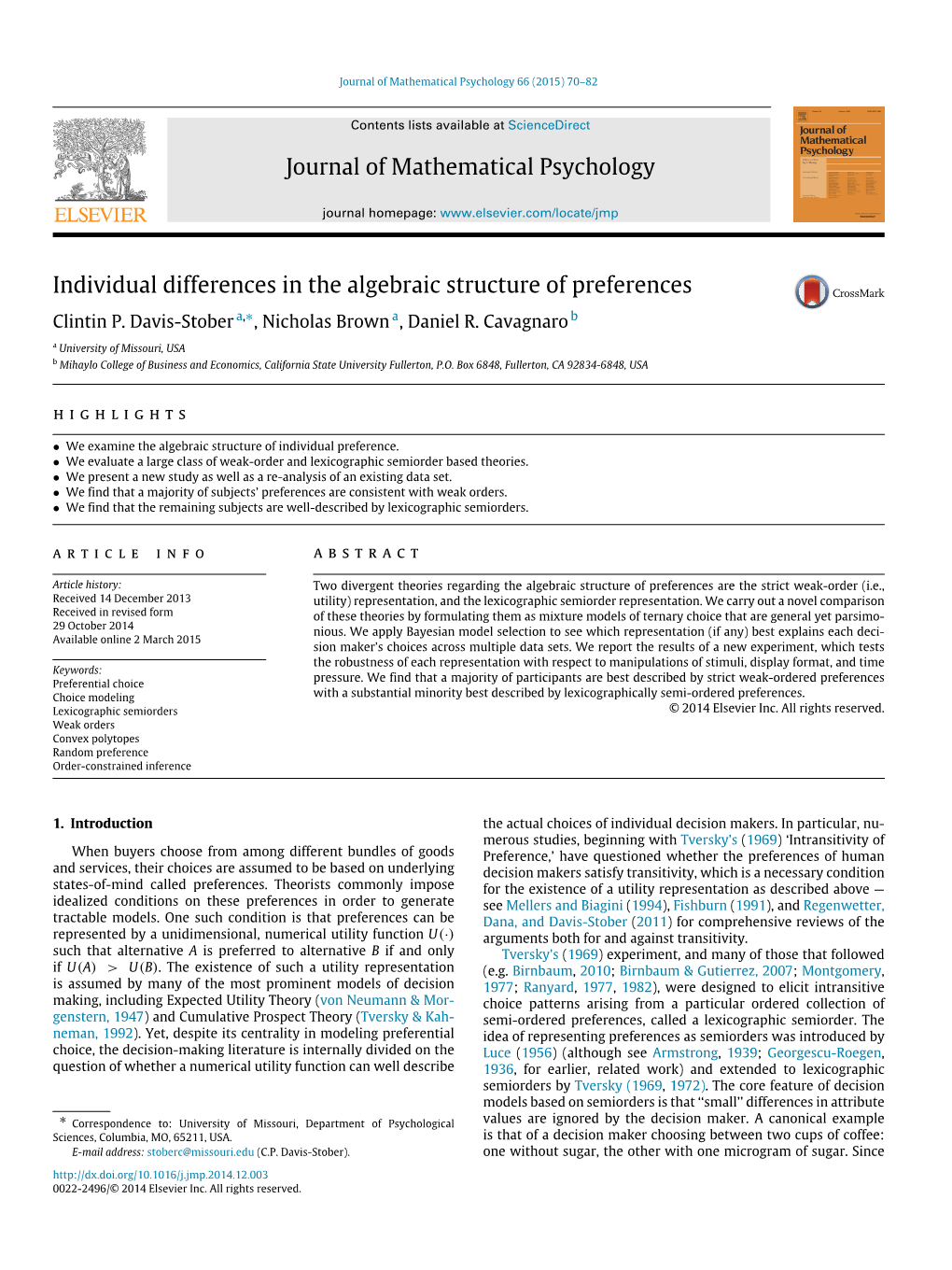 Individual Differences in the Algebraic Structure of Preferences Clintin P