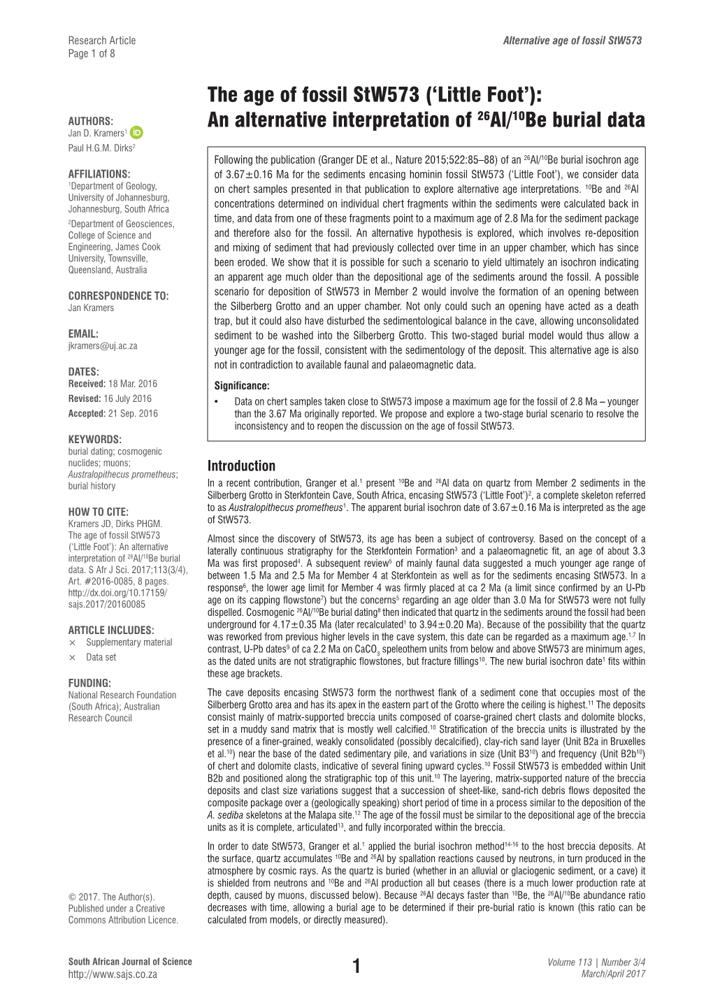 Little Foot’): AUTHORS: an Alternative Interpretation of 26Al/10Be Burial Data Jan D