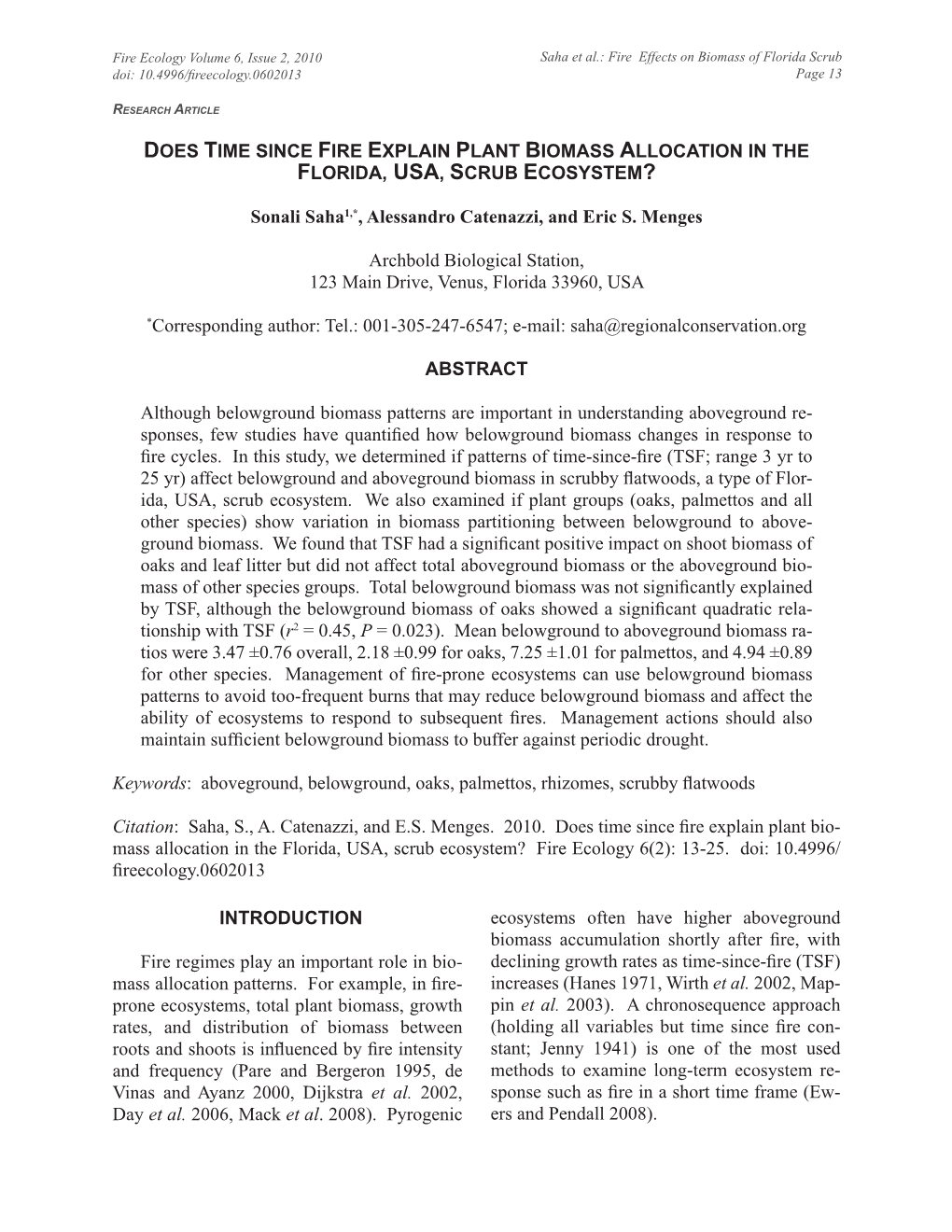 Does Time Since Fire Explain Plant Biomass Allocation in the Florida, Usa, Scrub Ecosystem?