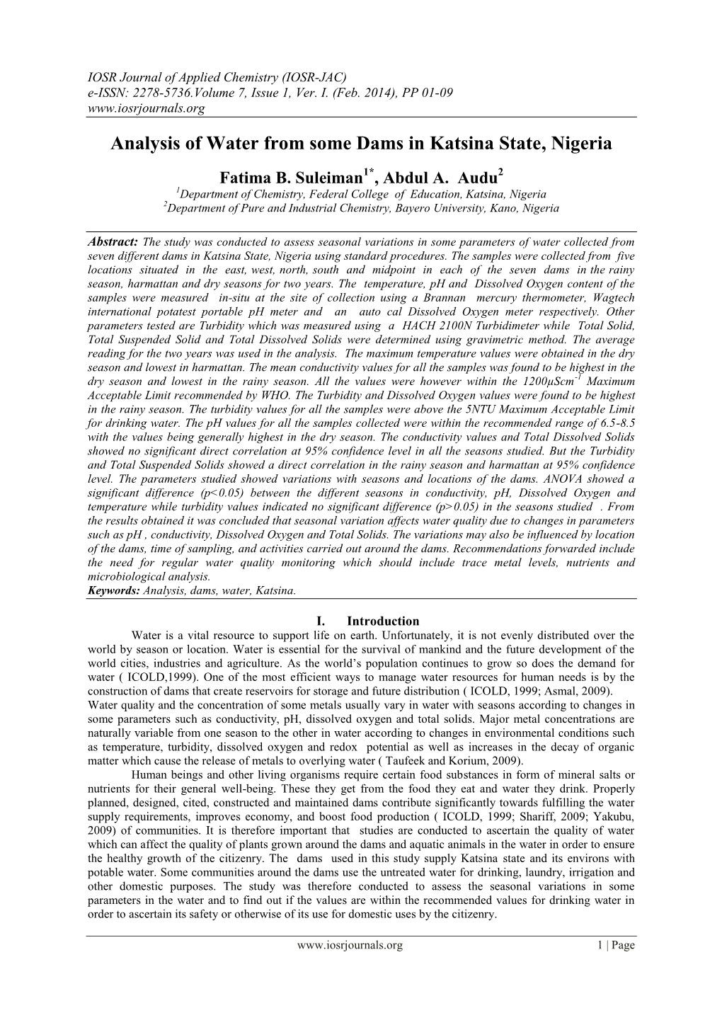 Analysis of Water from Some Dams in Katsina State, Nigeria