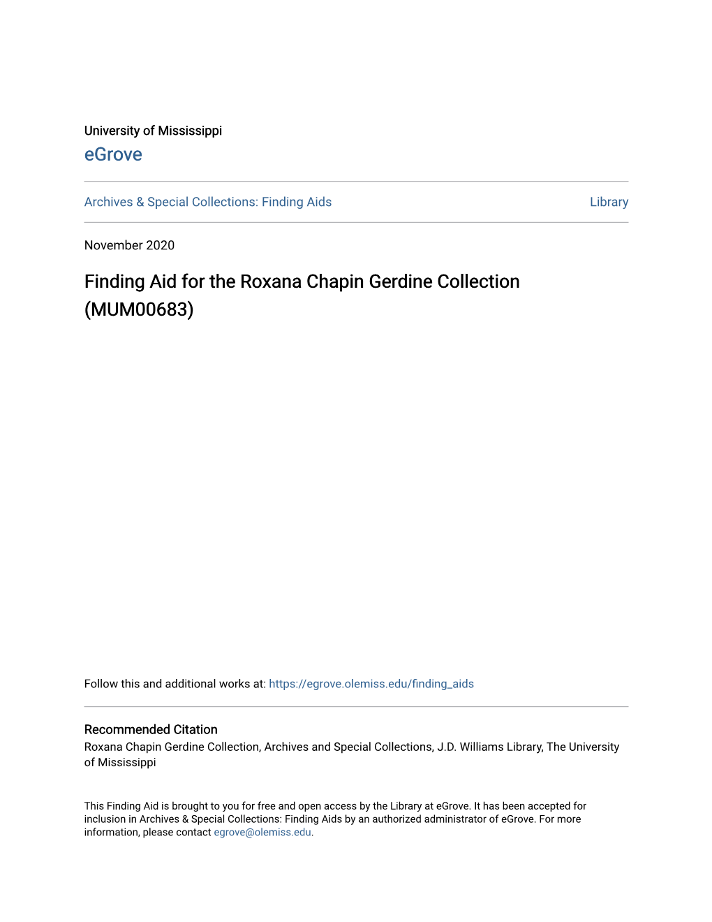 Finding Aid for the Roxana Chapin Gerdine Collection (MUM00683)