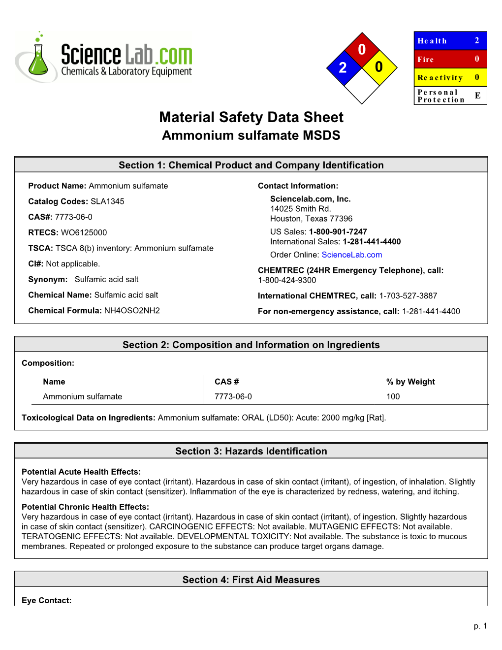 Ammonium Sulfamate MSDS