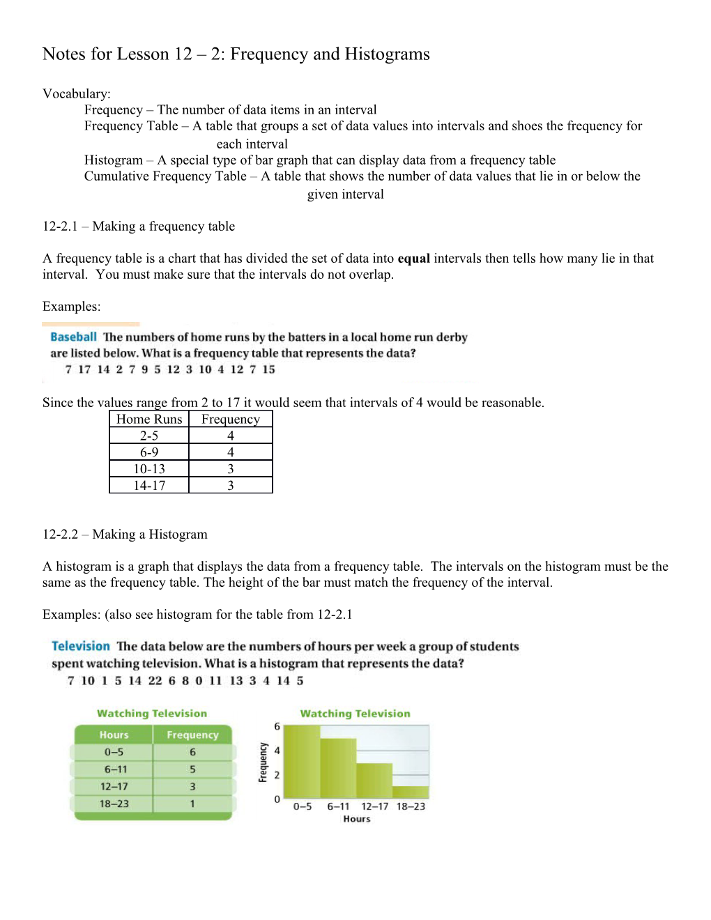 Notes for Lesson 12 2: Frequency and Histograms