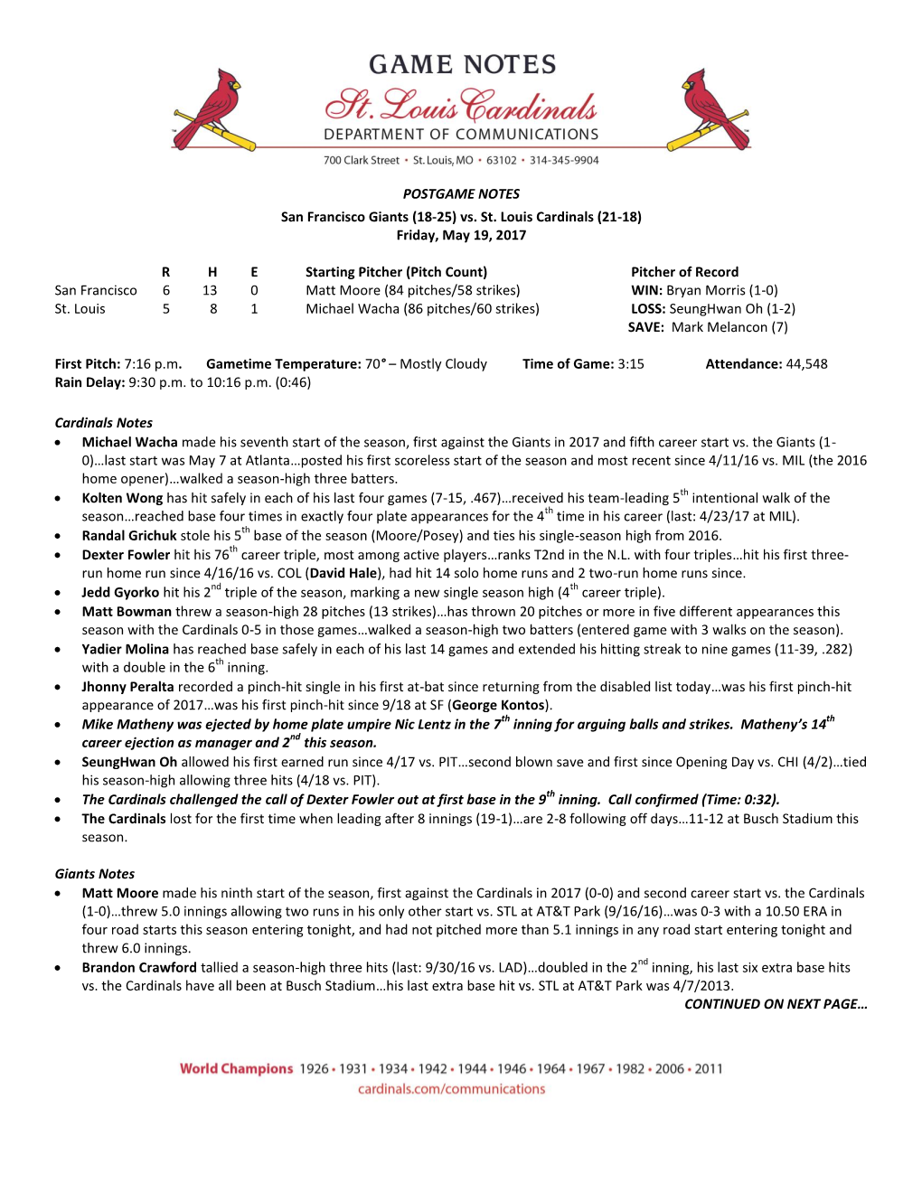 POSTGAME NOTES San Francisco Giants (18-25) Vs. St