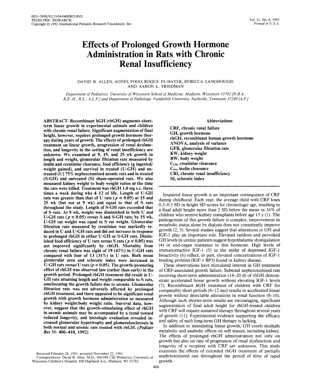 Effects of Prolonged Growth Hormone Administration in Rats with Chronic Renal Insufficiency