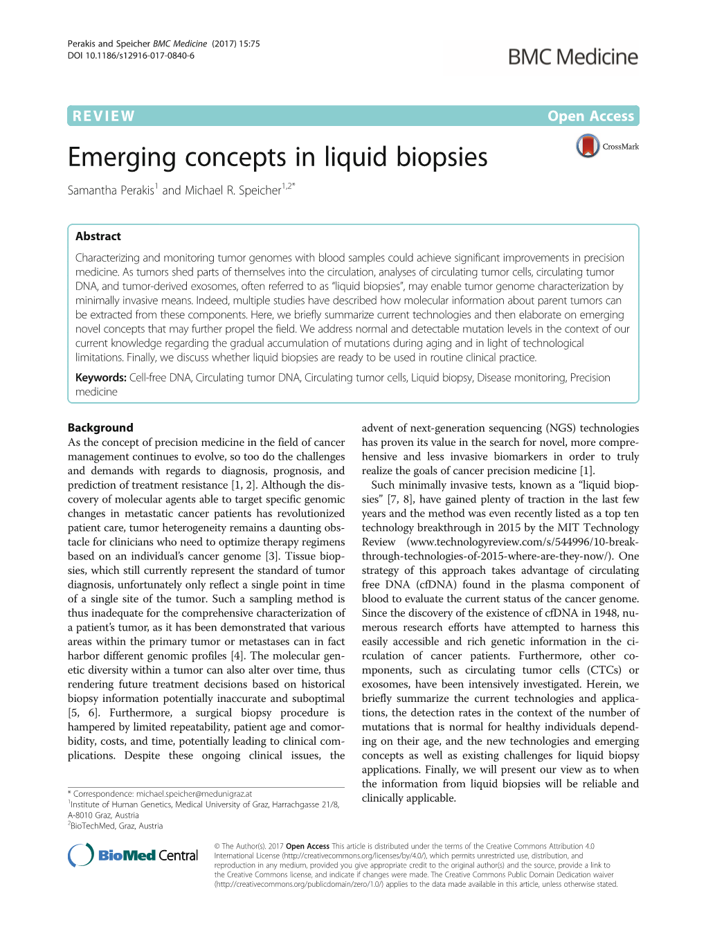 Emerging Concepts in Liquid Biopsies Samantha Perakis1 and Michael R