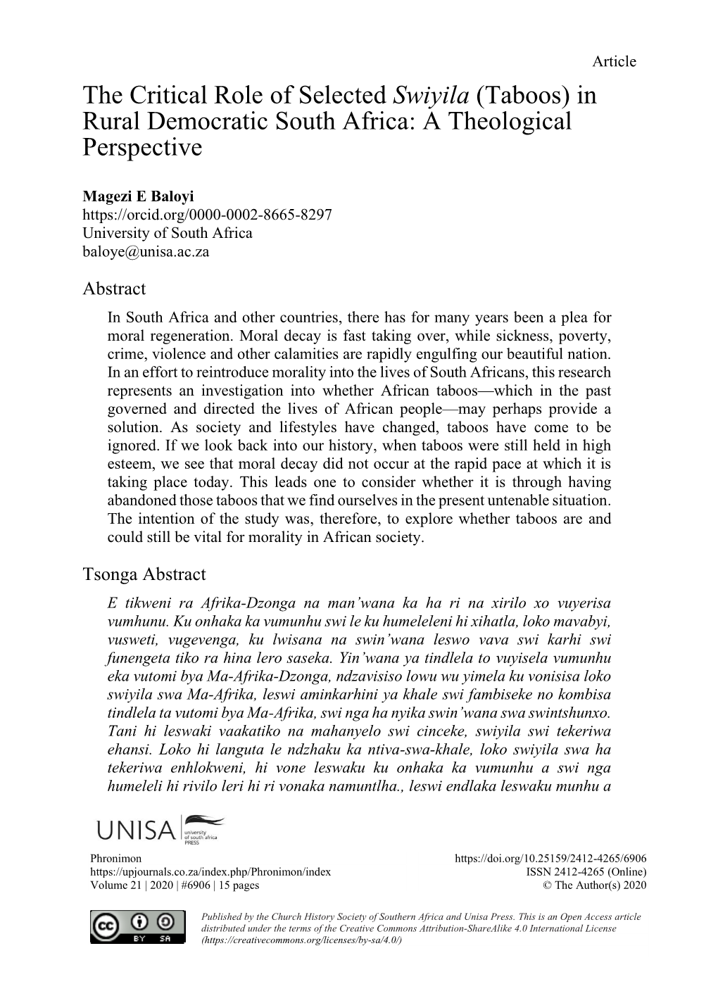 The Critical Role of Selected Swiyila (Taboos) in Rural Democratic South Africa: a Theological Perspective