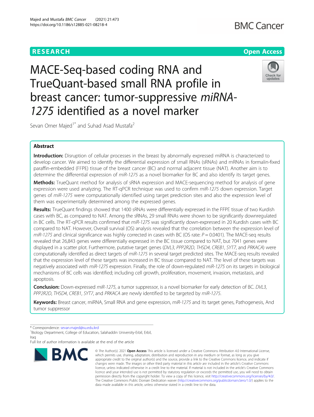 Tumor-Suppressive Mirna-1275 Identified As An