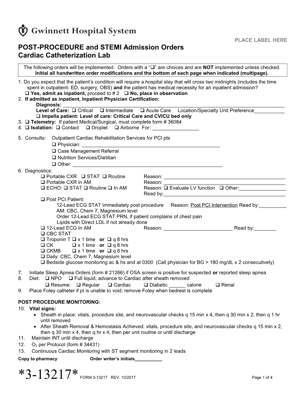 Post Procedure and STEMI Admission Orders Cardiac Catheterization Lab