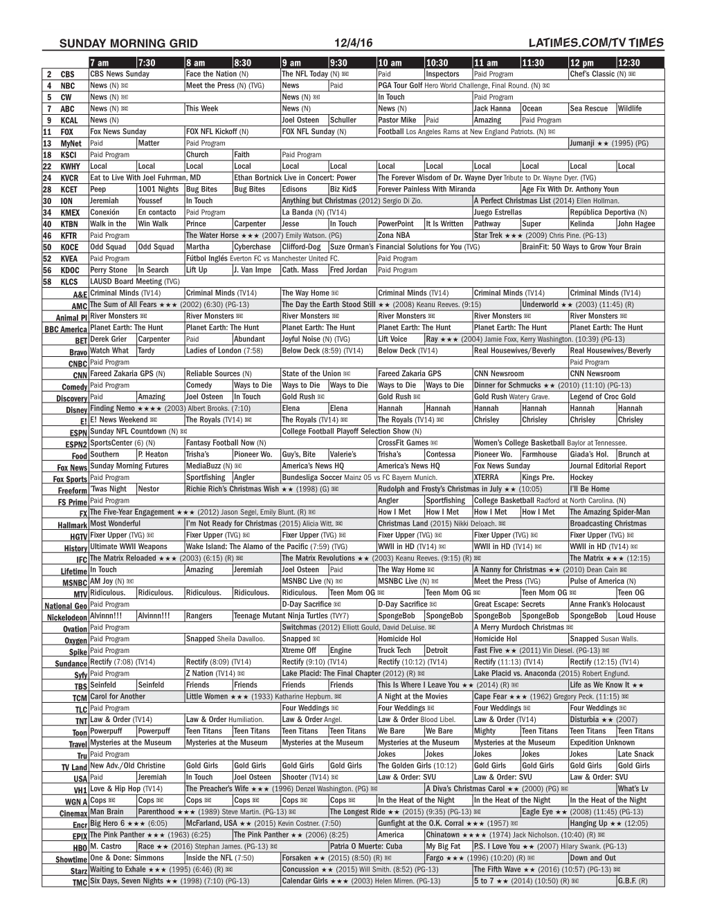 Sunday Morning Grid 12/4/16 Latimes.Com/Tv Times