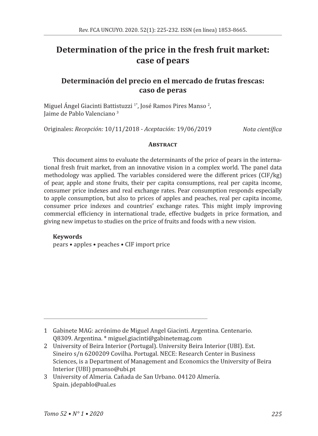 Determination of the Price in the Fresh Fruit Market: Case of Pears