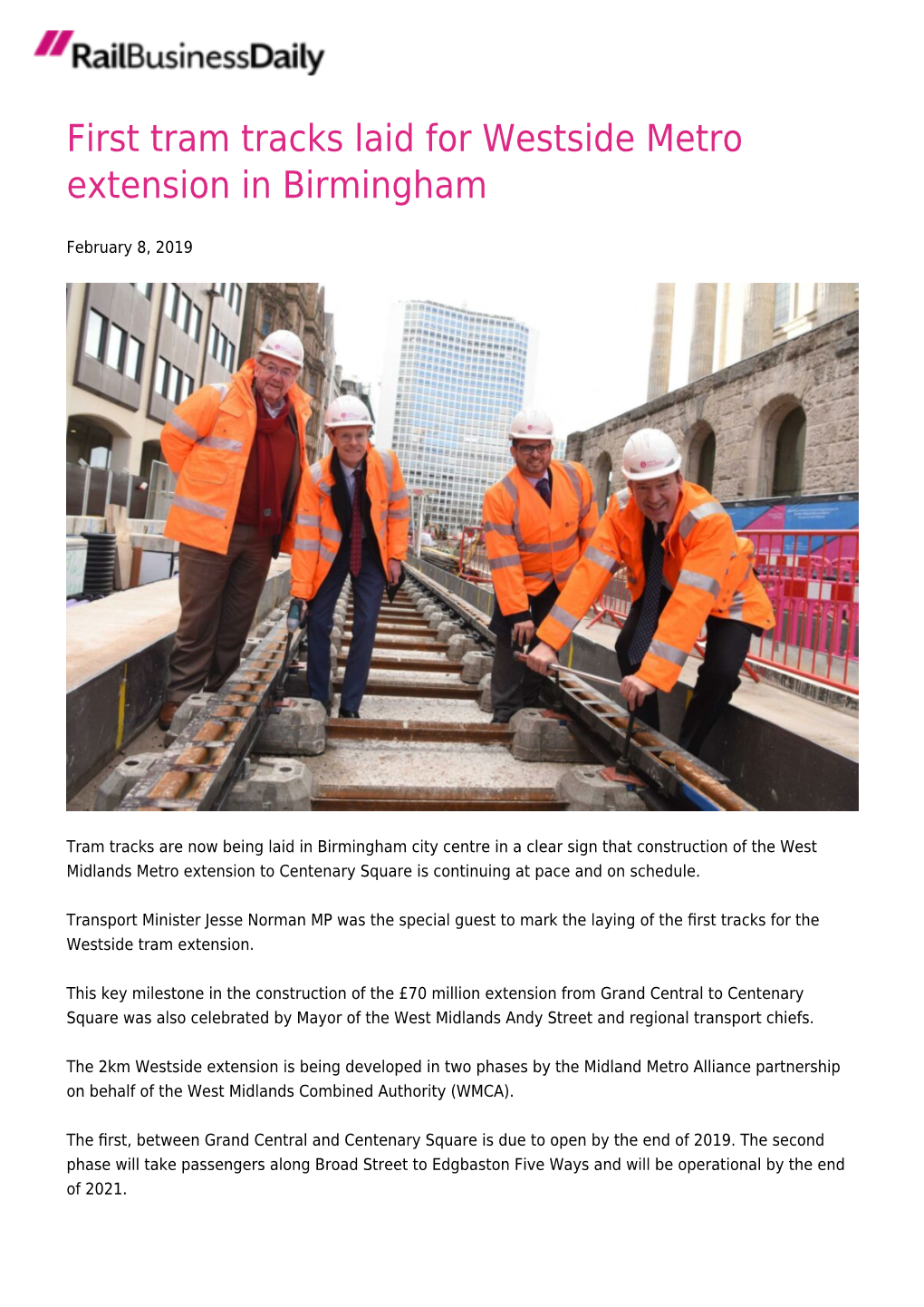 First Tram Tracks Laid for Westside Metro Extension in Birmingham