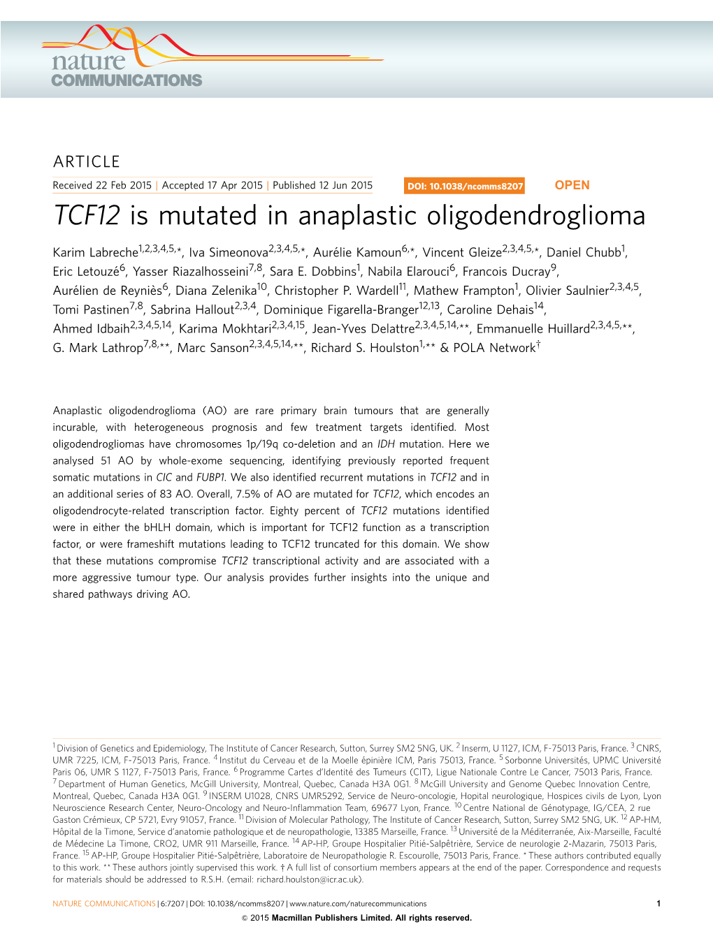 TCF12 Is Mutated in Anaplastic Oligodendroglioma