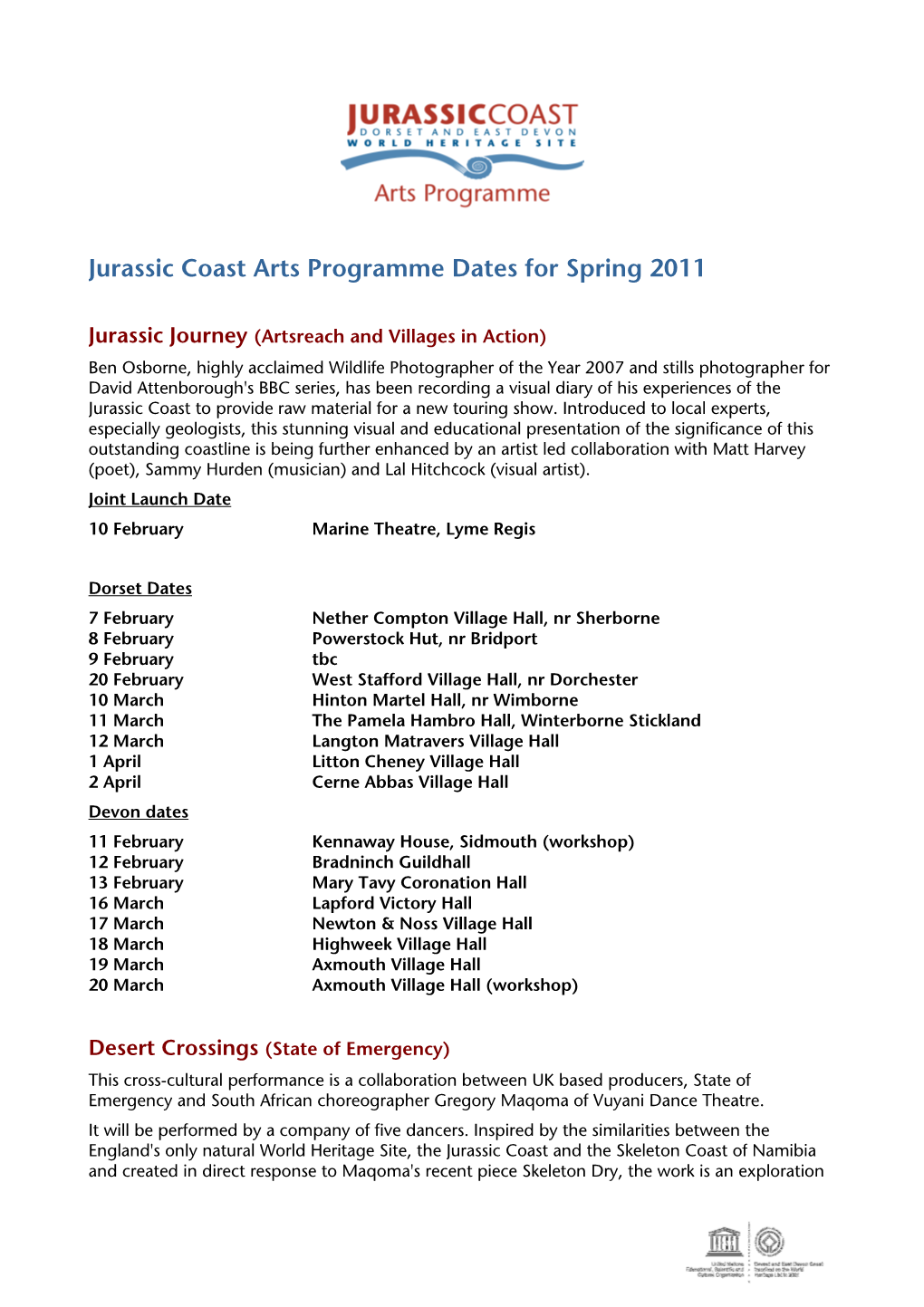 Jurassic Coast Arts Programme Dates for Spring 2011