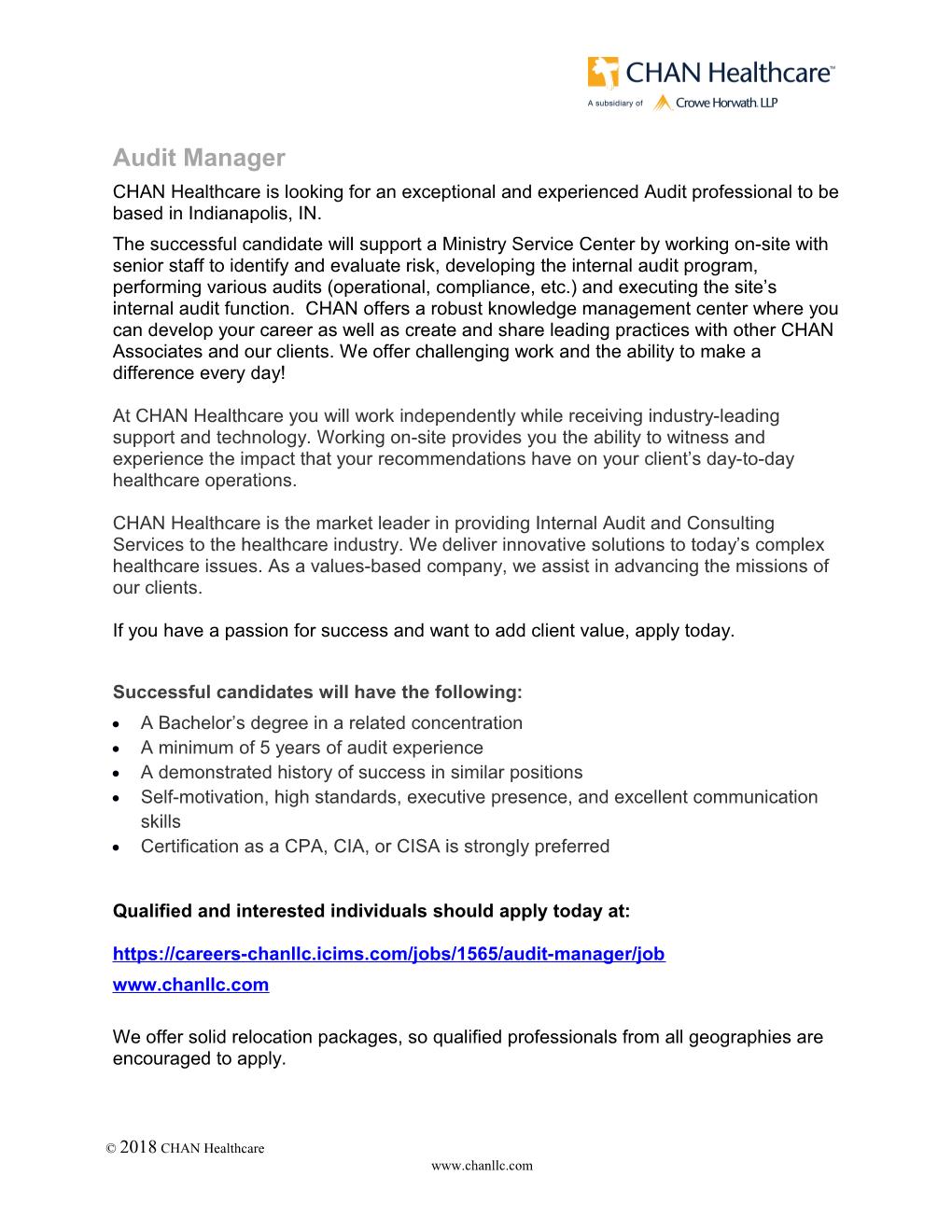 CHAN Audit Manager Position