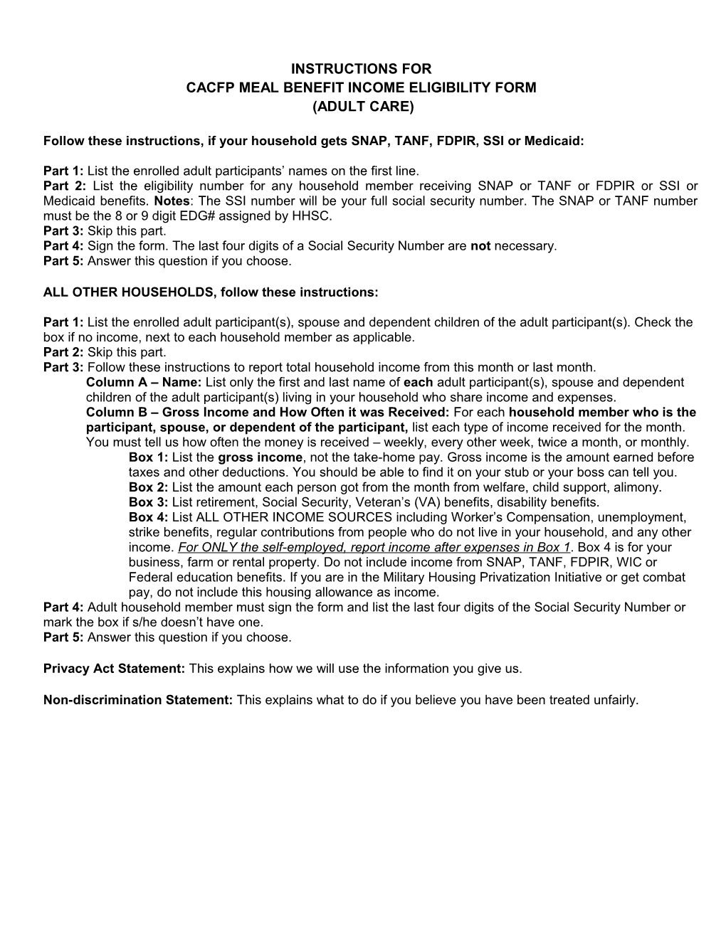 Cacfp Meal Benefit Income Eligibility Form