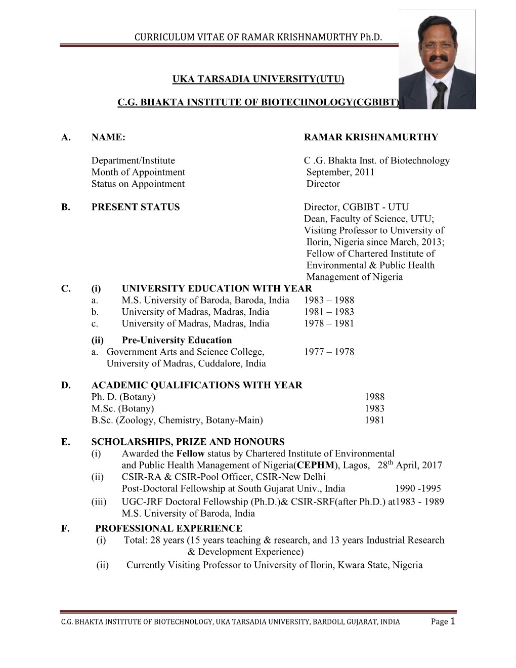 CURRICULUM VITAE of RAMAR KRISHNAMURTHY Ph.D