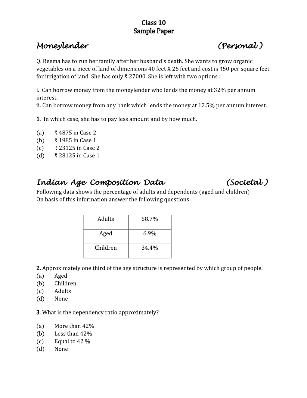 Class 10 Sample Paper Moneylender (Personal ) Indian Age Composition