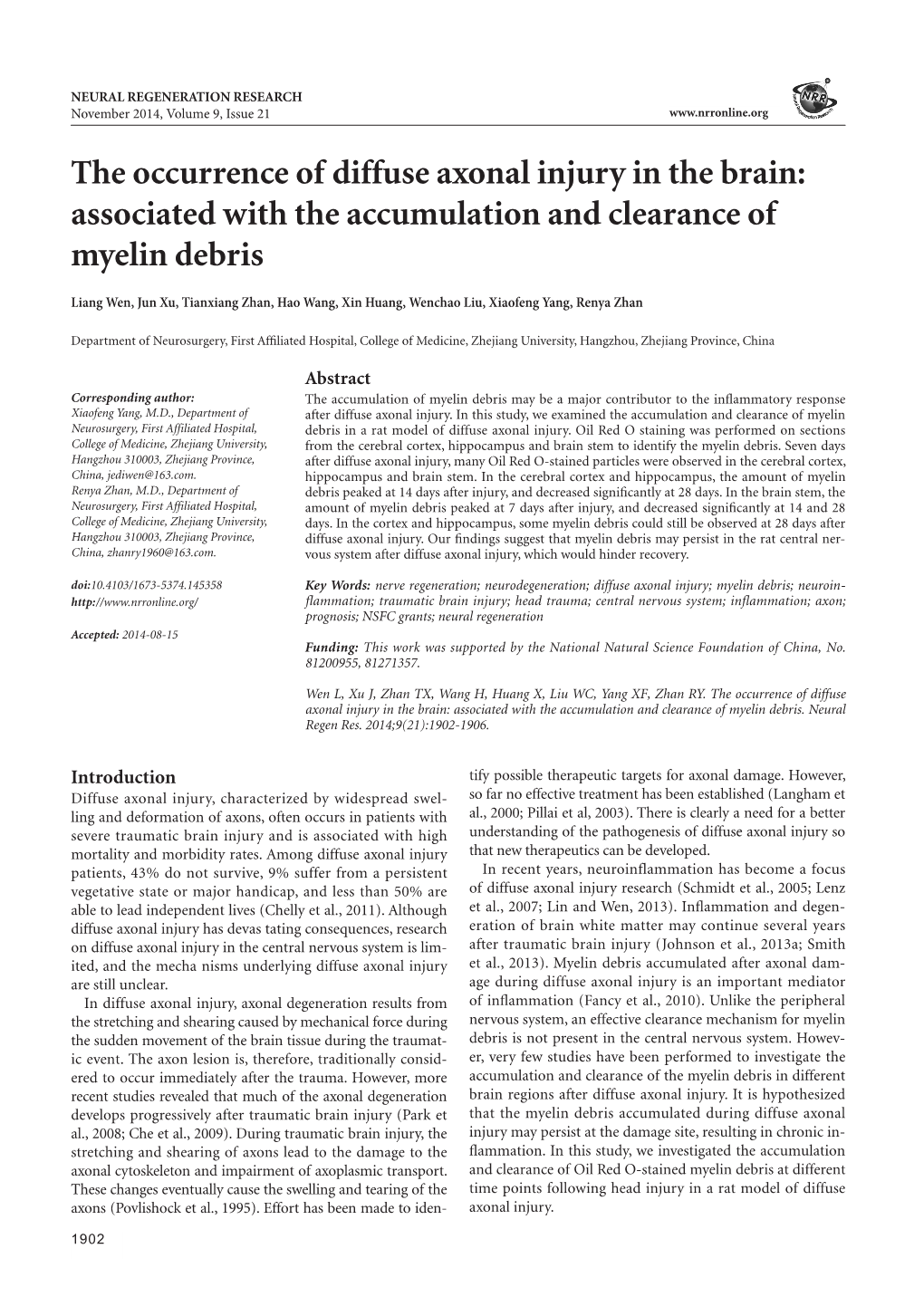 The Occurrence of Diffuse Axonal Injury in the Brain: Associated with the Accumulation and Clearance of Myelin Debris