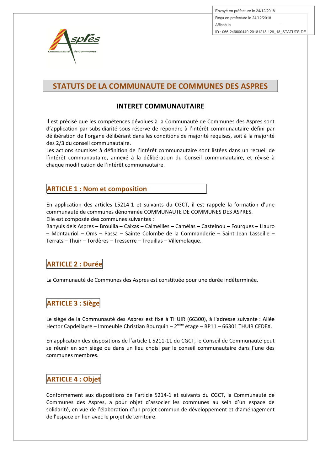 Statuts De La Communaute De Communes Des Aspres