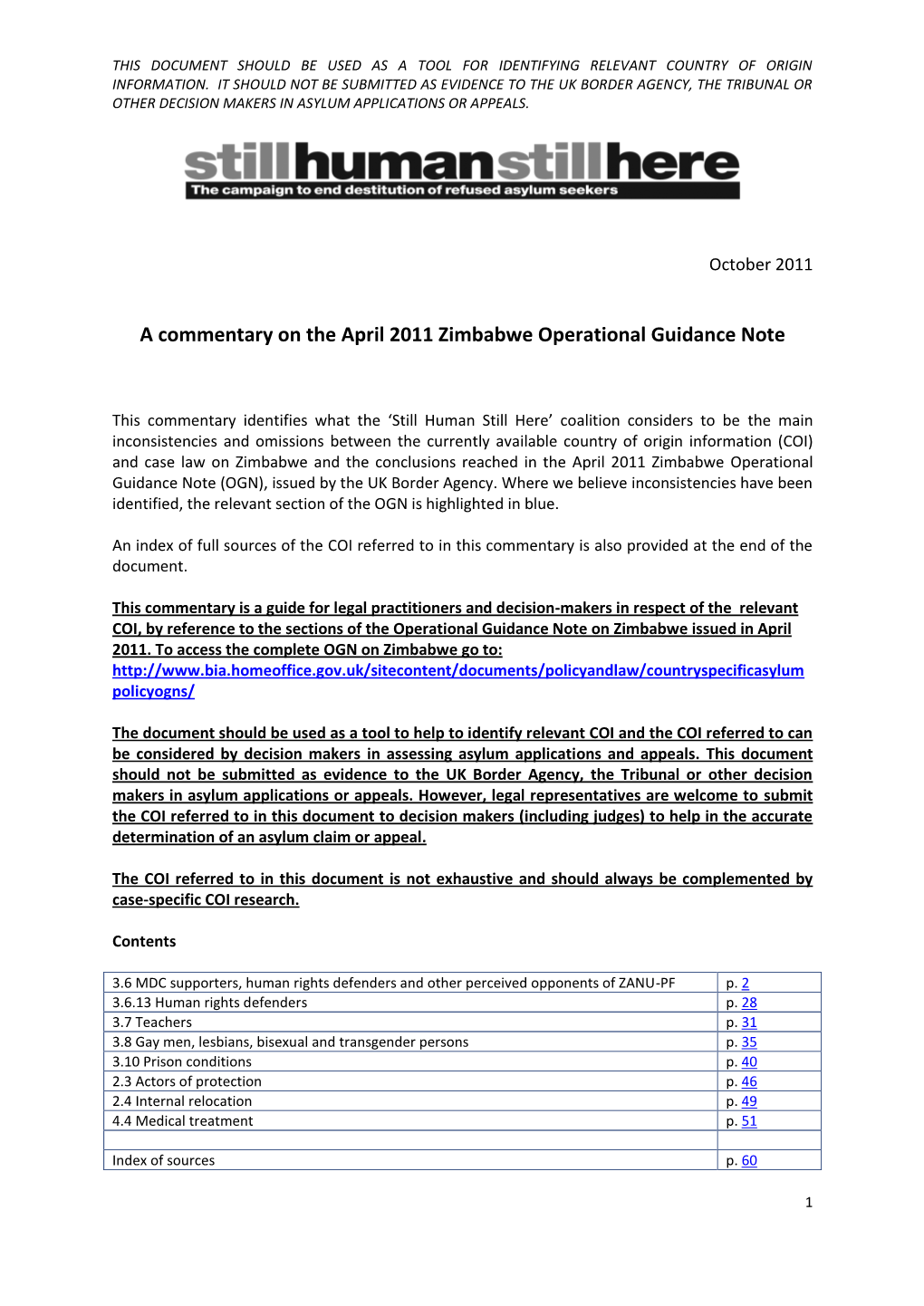 A Commentary on the April 2011 Zimbabwe Operational Guidance Note