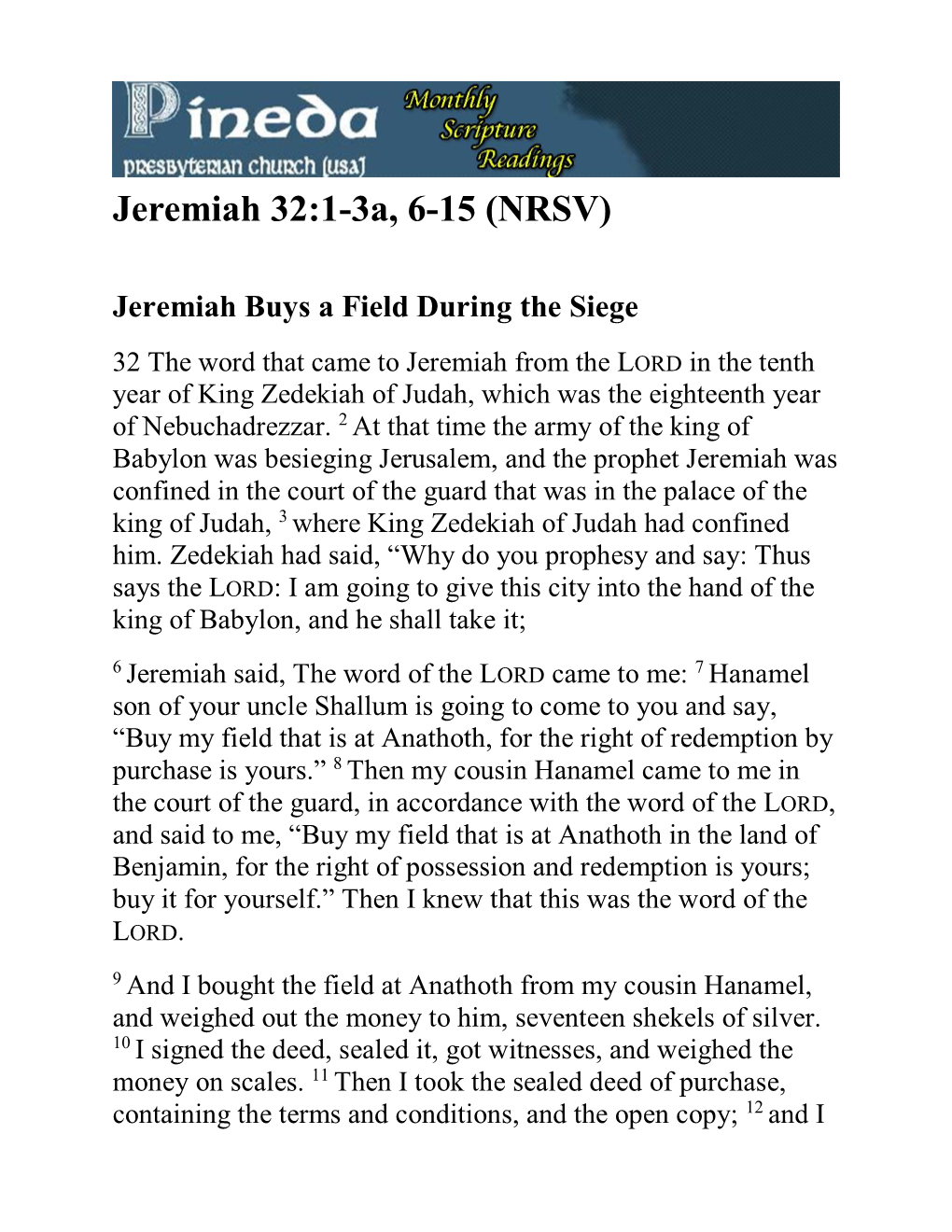 Jeremiah 32:1-3A, 6-15 (NRSV)