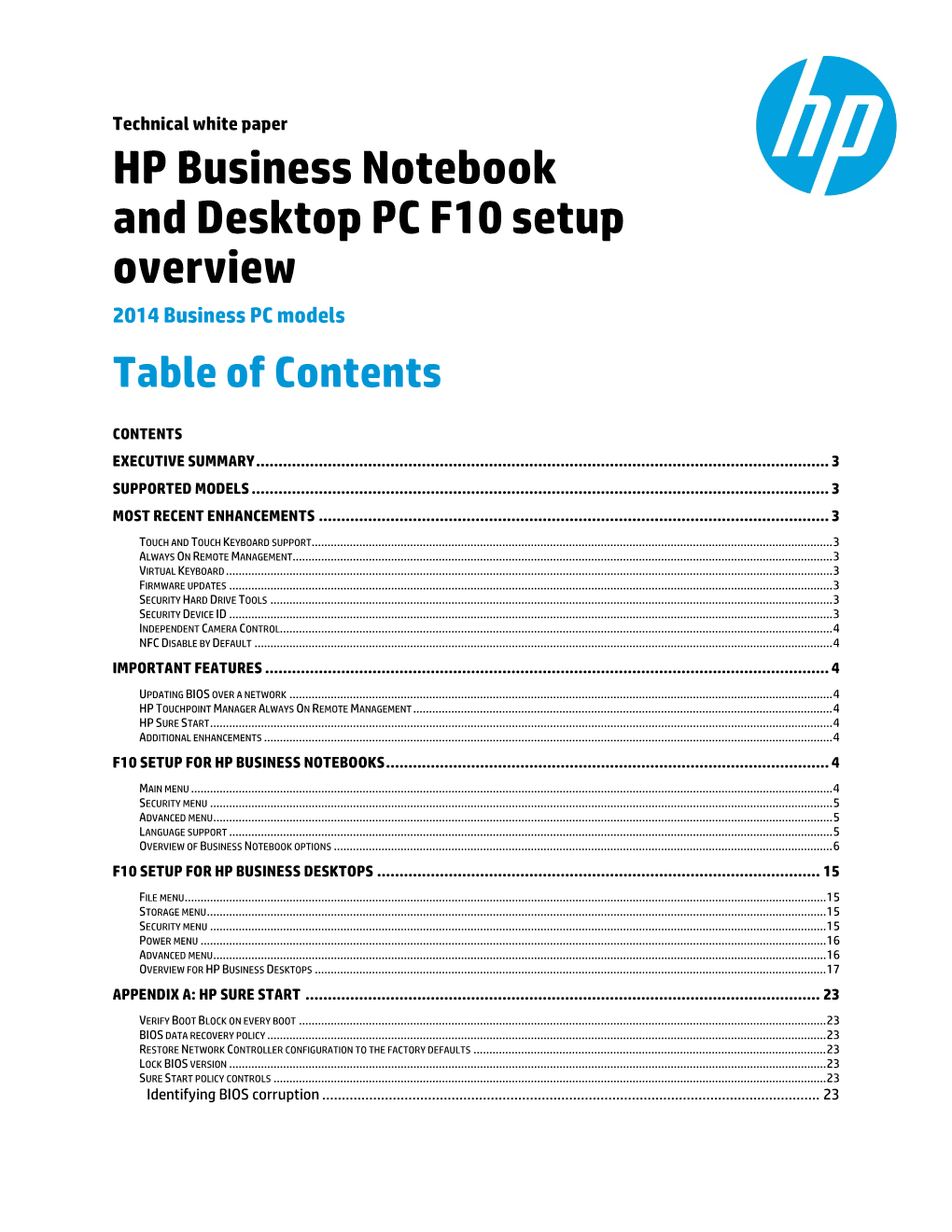 HP Business Notebook and Desktop PC F10 Setup Overview 2014 Business PC Models Table of Contents