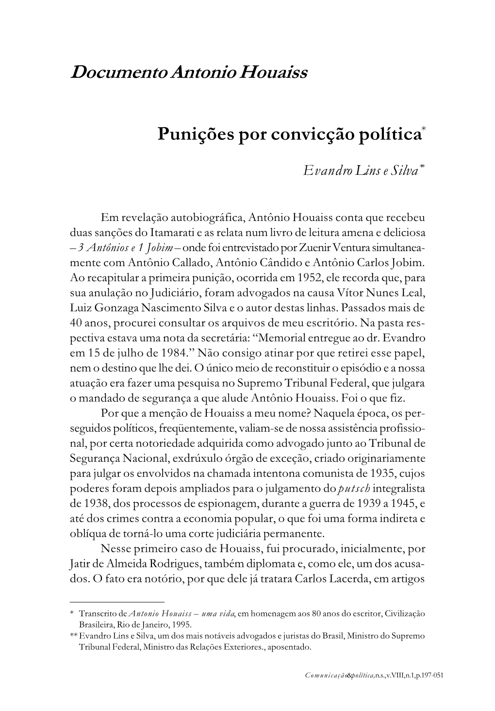 Punições Por Convicção Política* Documento Antonio Houaiss