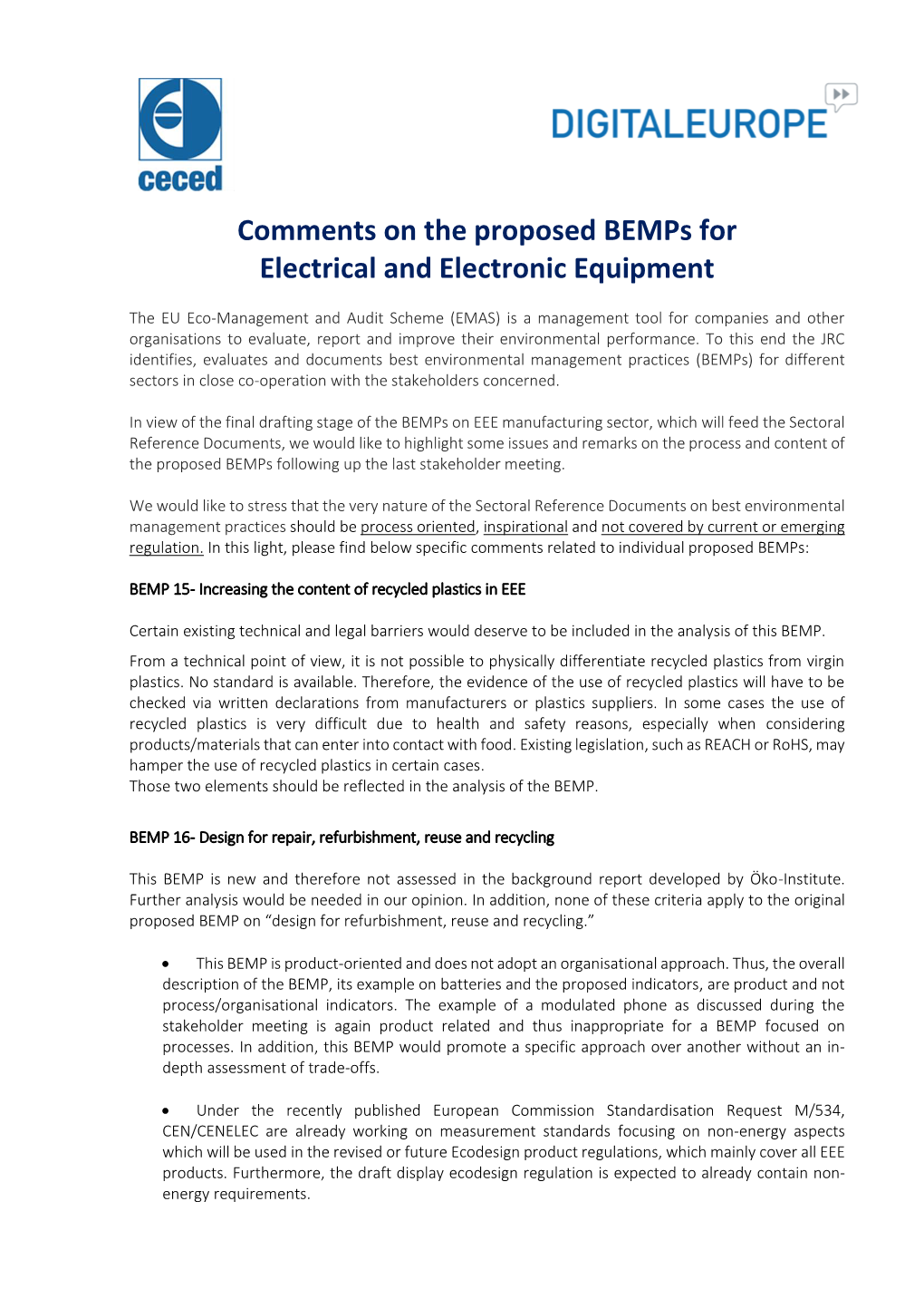 Comments on the Proposed Bemps for Electrical and Electronic Equipment