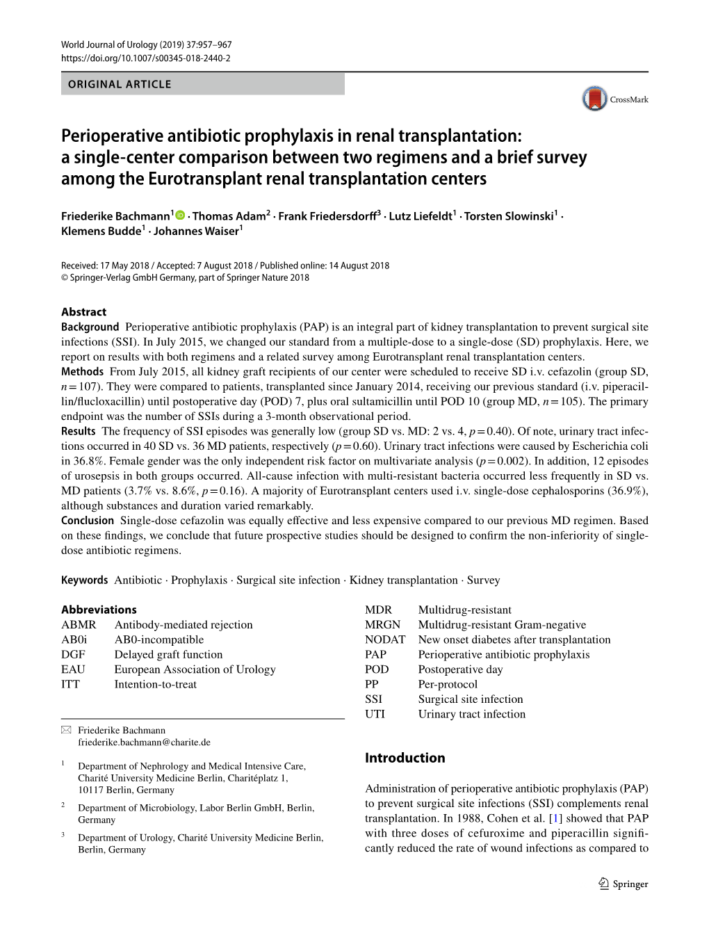 Perioperative Antibiotic Prophylaxis in Renal Transplantation: a Single