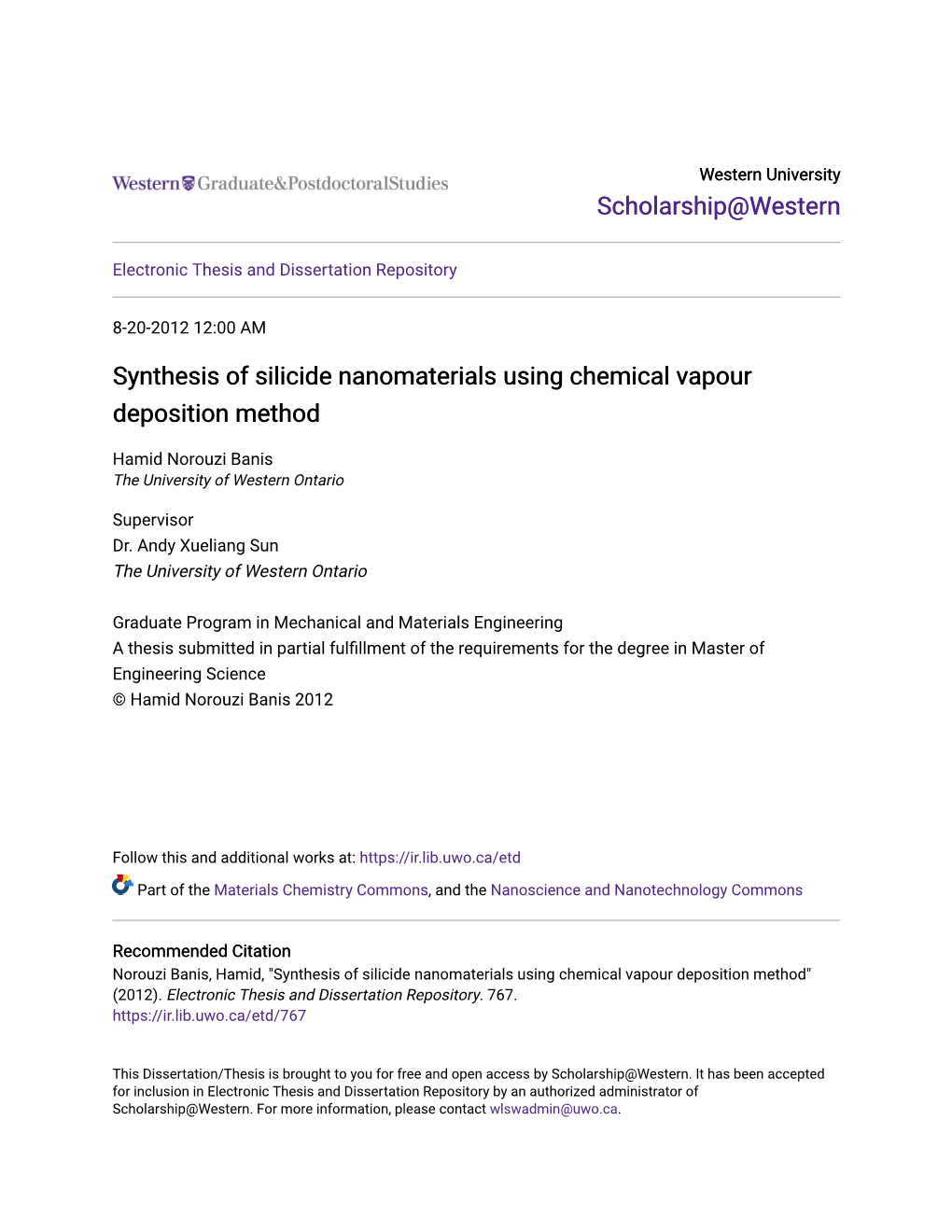 Synthesis of Silicide Nanomaterials Using Chemical Vapour Deposition Method