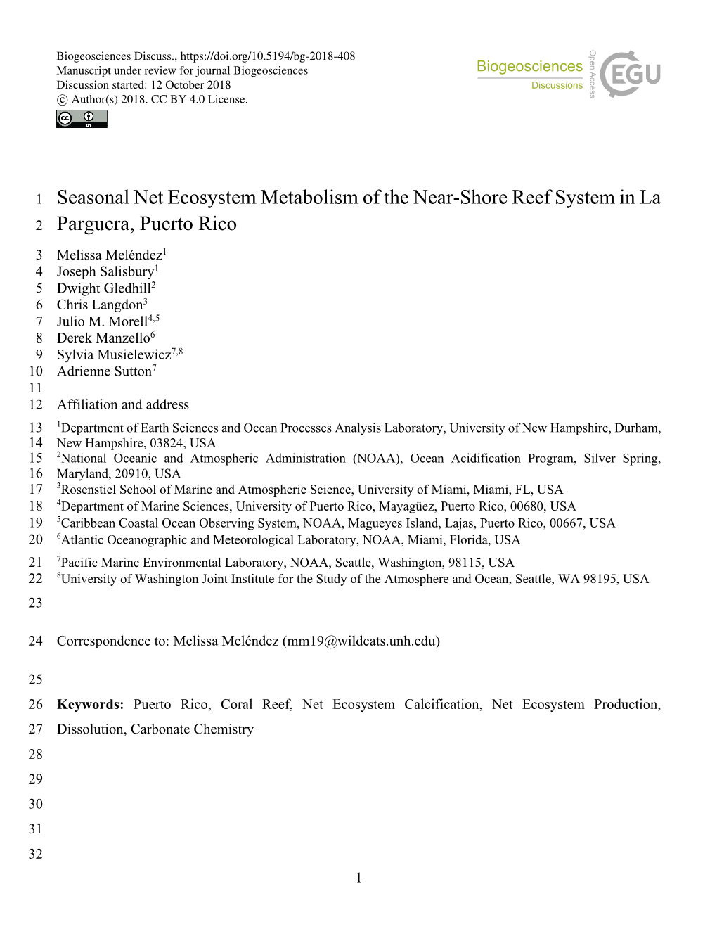 Seasonal Net Ecosystem Metabolism of the Near-Shore Reef System In