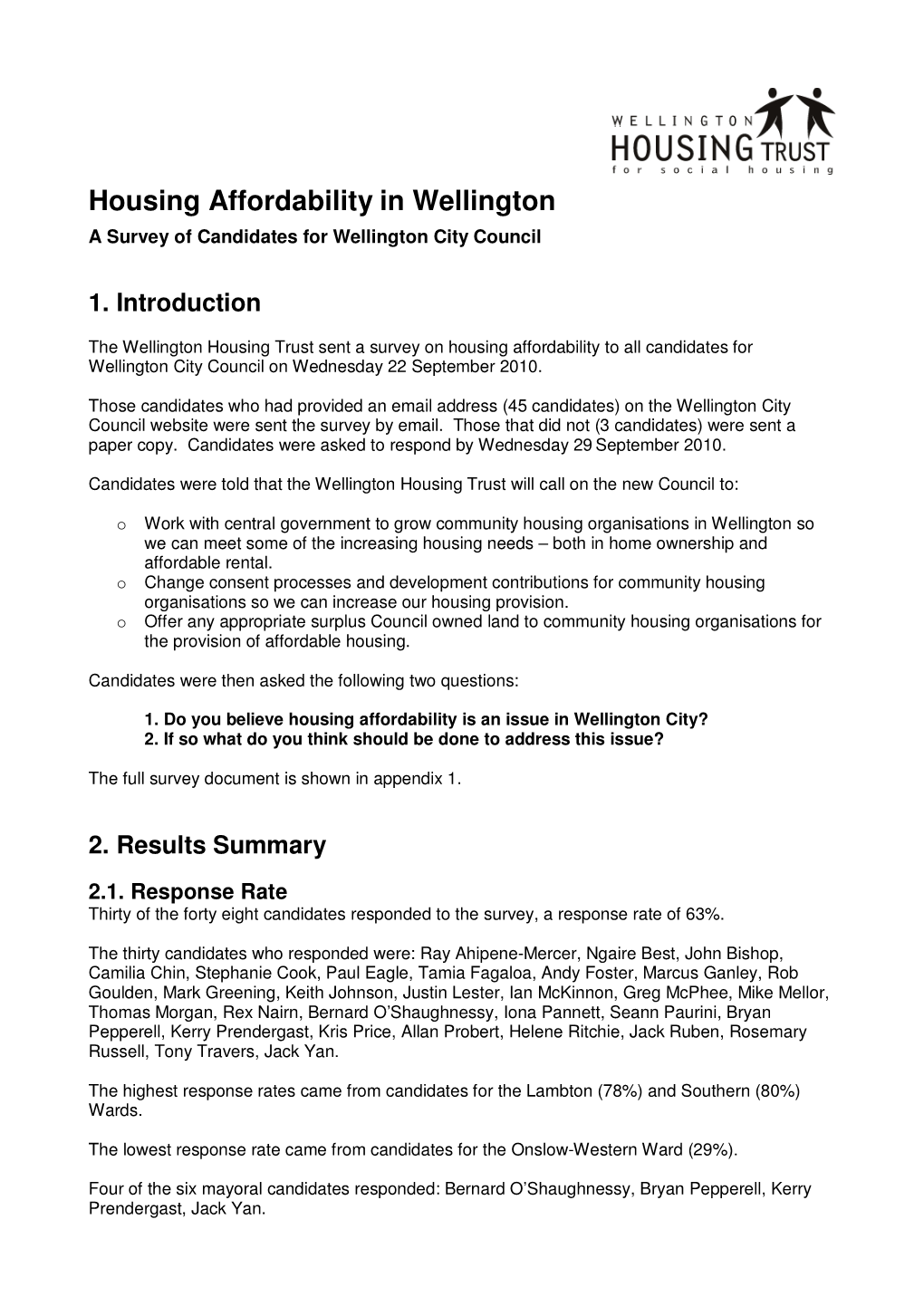 Housing Affordability in Wellington a Survey of Candidates for Wellington City Council
