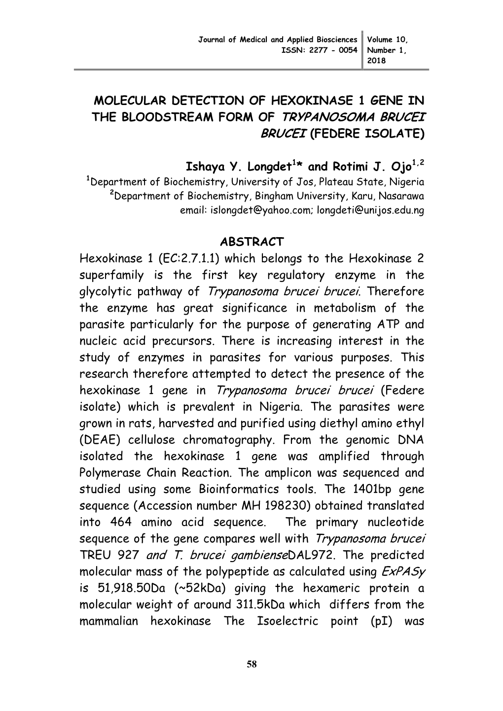 Glycolytic Pathway of Trypanosoma Brucei Brucei Hexokinase 1 Gene in Trypanosoma Brucei Brucei TREU 927 and T. Brucei Gambiense